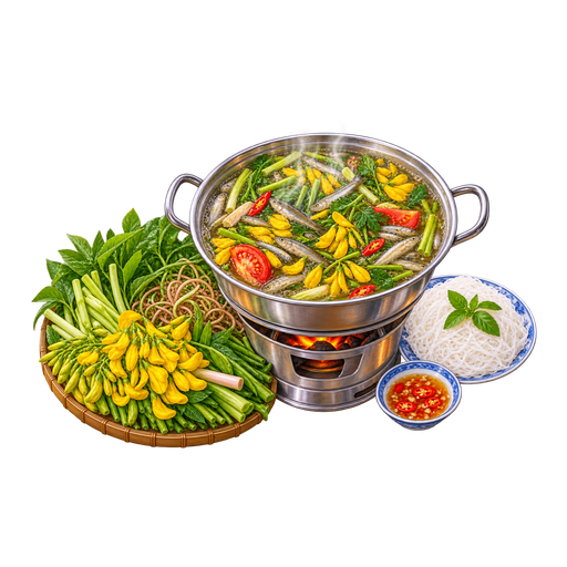 Lẩu cá linh bông điên điển (Ca Linh Fish and River Hemp Flower Hot Pot) sticker illustration